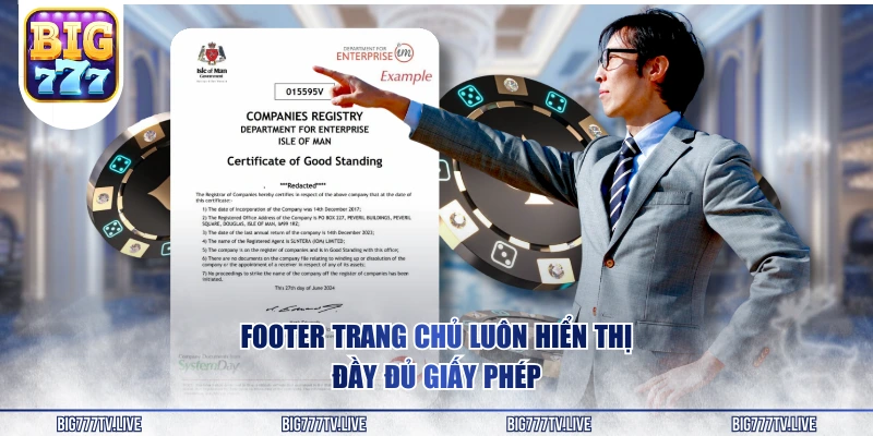 Footer trang chủ luôn hiển thị đầy đủ giấy phép